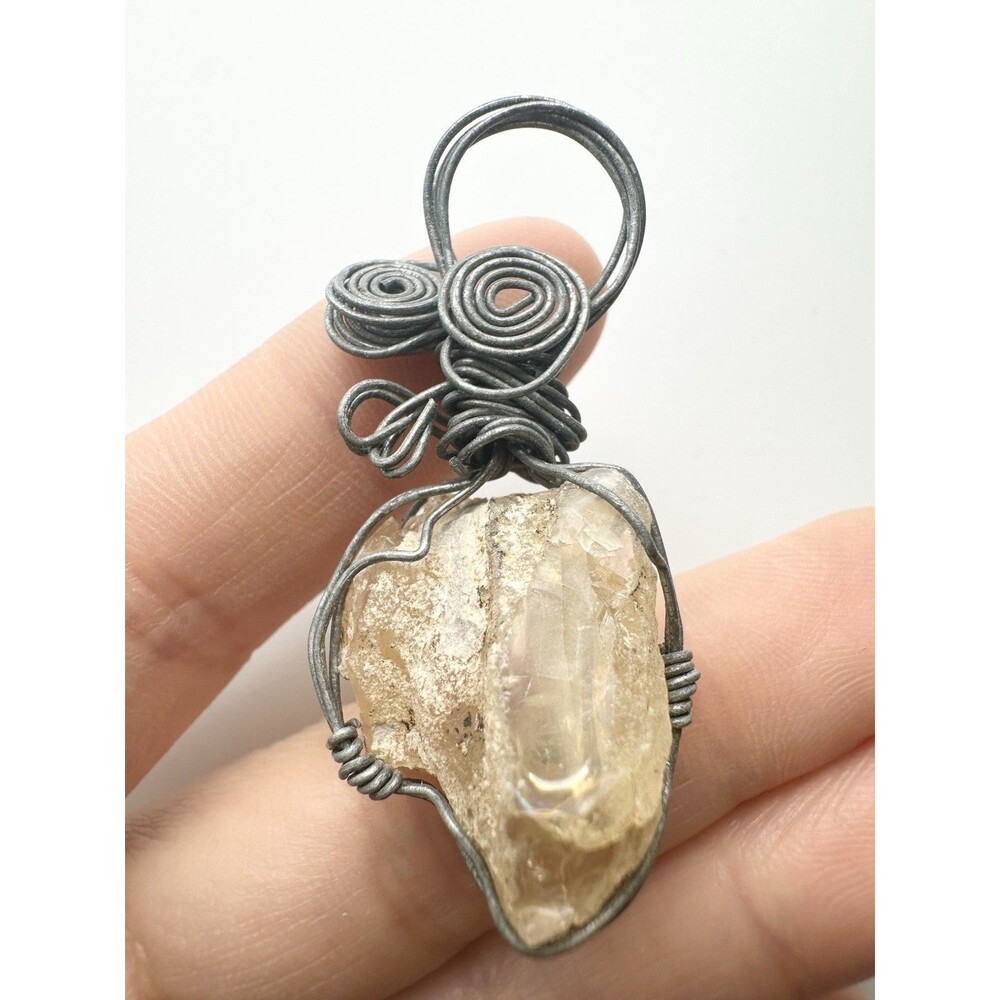 Handmade Wire Wrapped Citrine Pendant Silver Tone